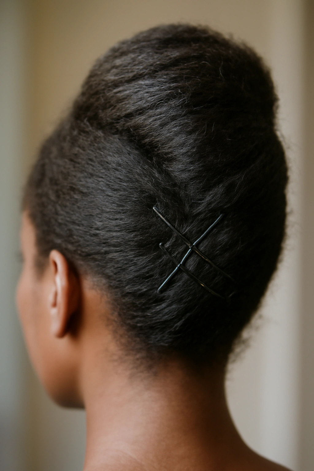12 Elegant French Roll Updos Every Black Woman Needs 14 Close-up of a French roll secured with crisscross pins to hold its shape