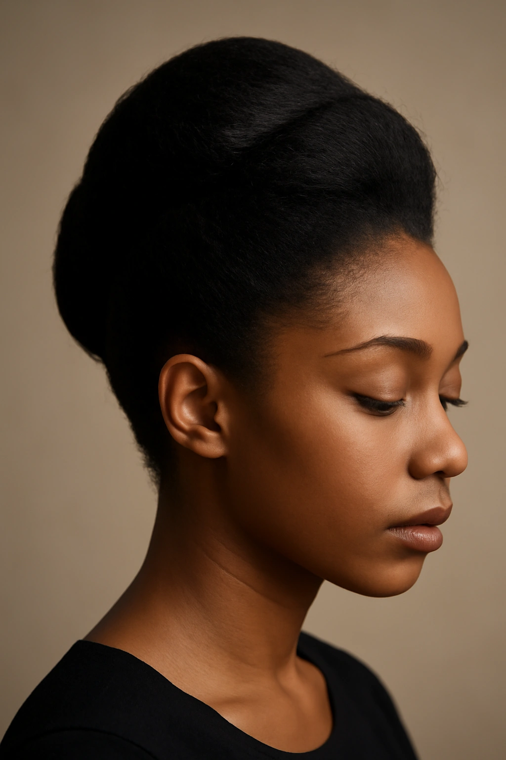 12 Elegant French Roll Updos Every Black Woman Needs 20 Portrait of a Black woman with a textured French roll updo in a neutral studio setting.