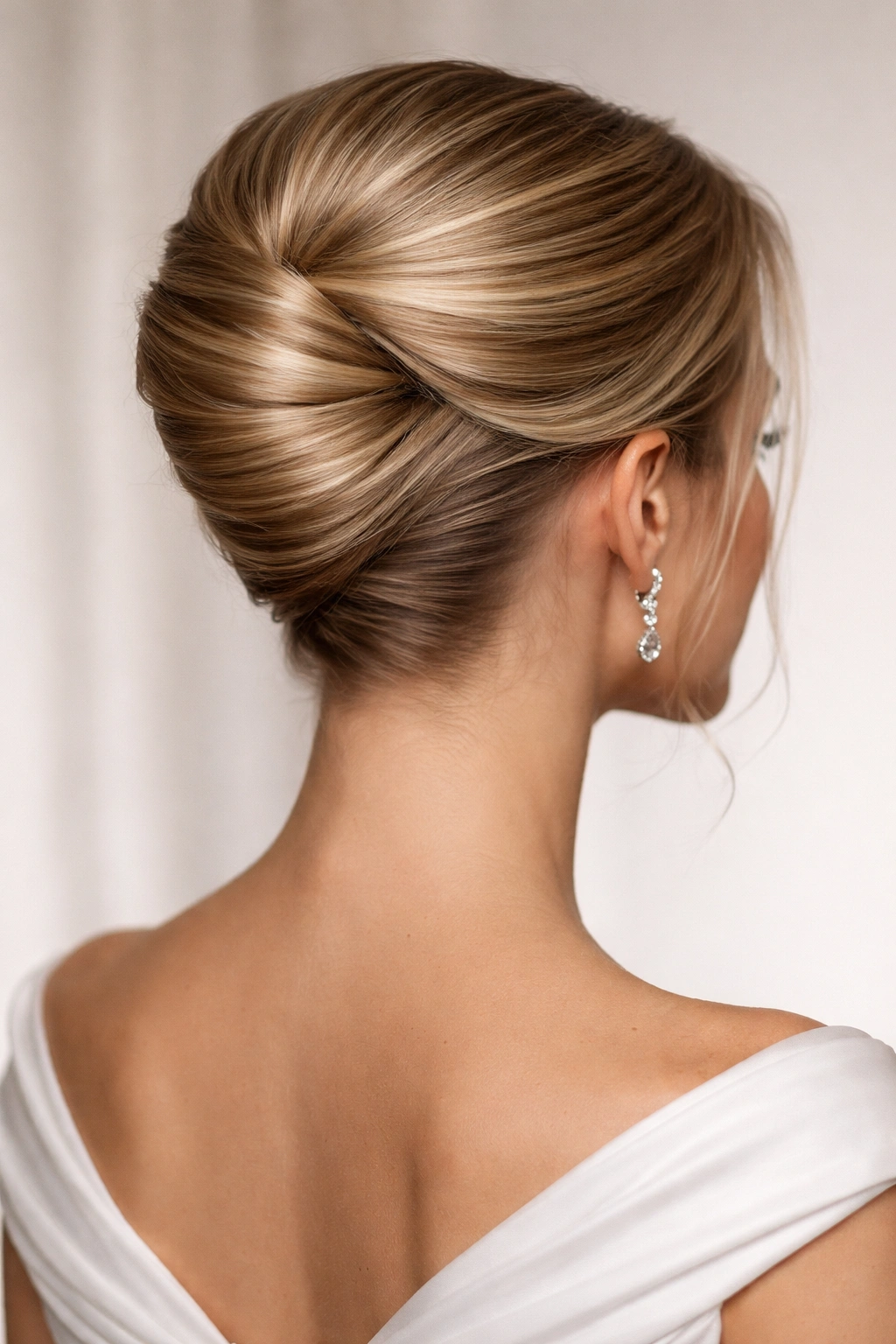 French twist updo with a single continuous roll along the back of the head