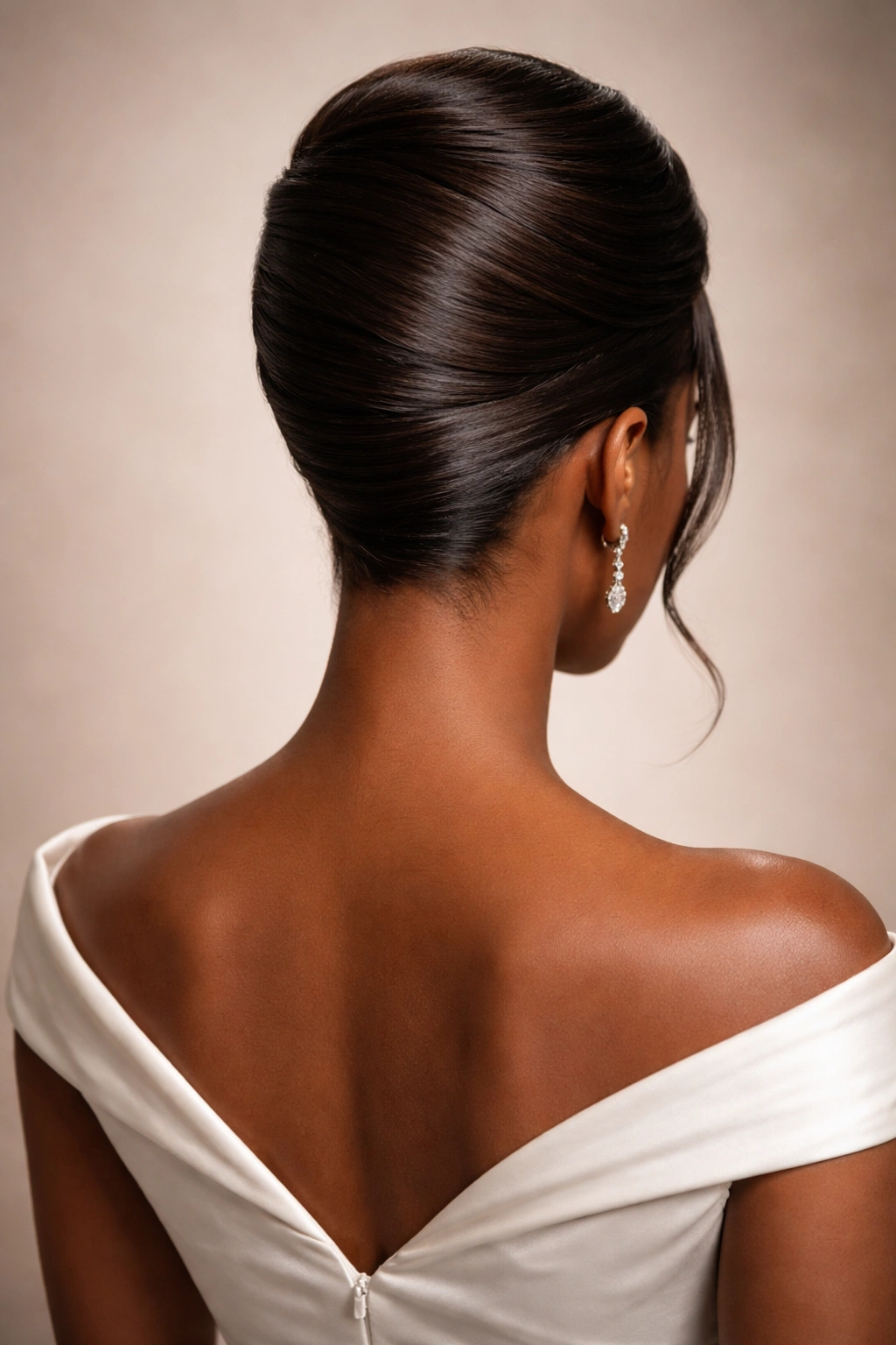Rear view of a French twist showing a clean vertical line along the back