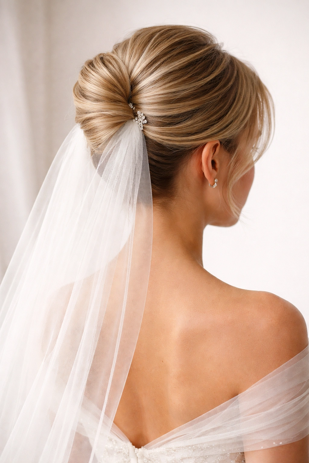 Back view of short French twist with veil