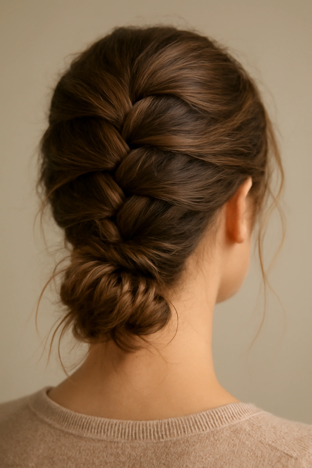 10 Braided Updos to Try on Medium or Long Hair 7 Close-up of a French braid flowing into a soft low bun on medium-length hair, warm studio lighting