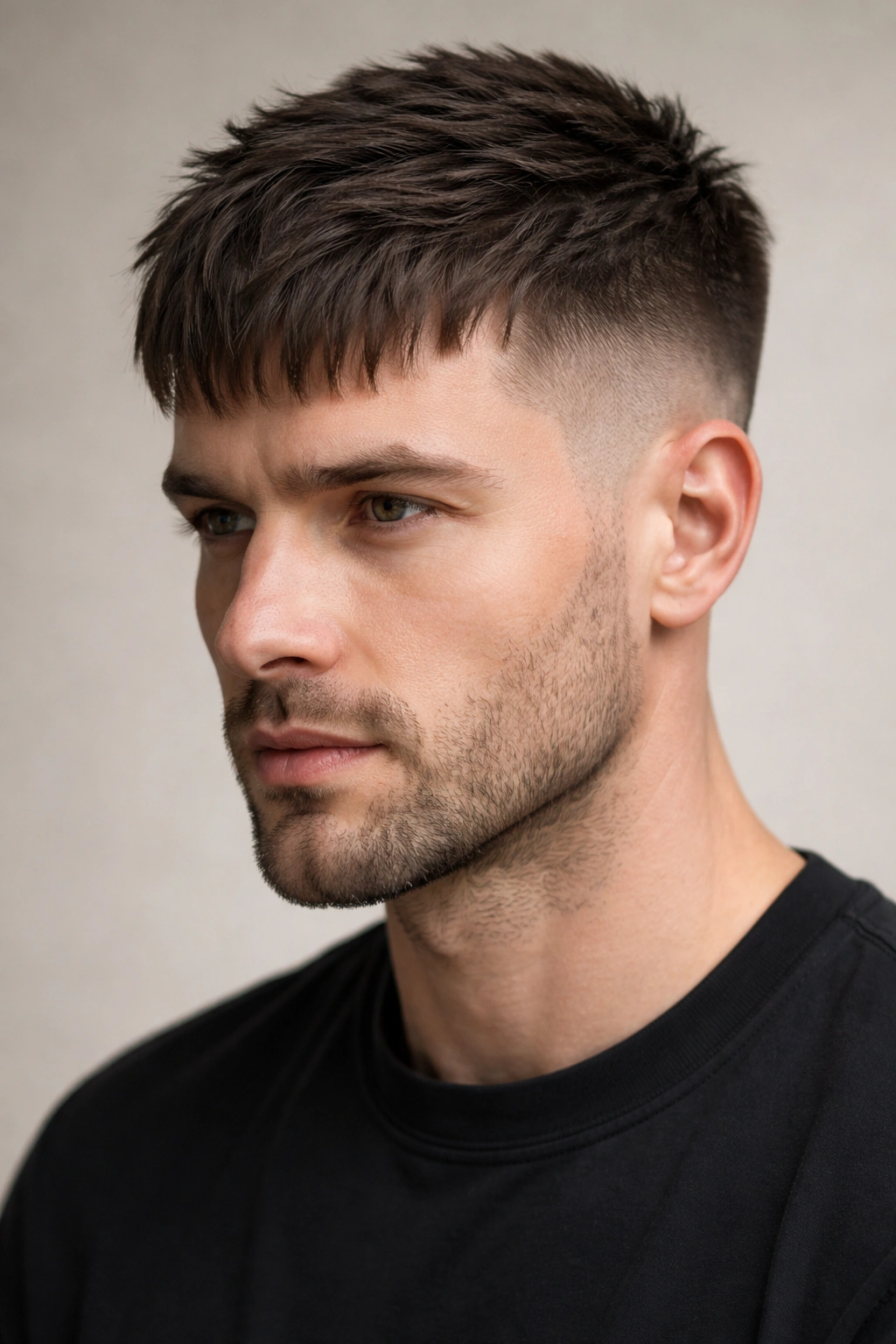 Close-up of a head with a French crop featuring a forward fringe covering receding temples