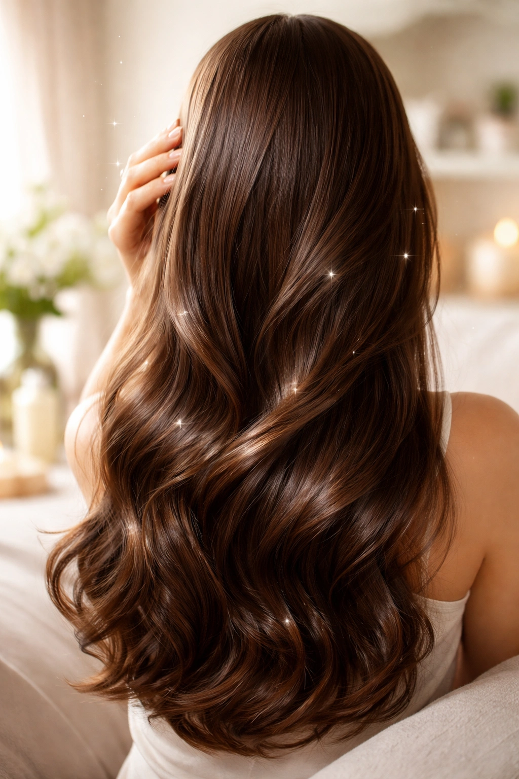 Close-up of shiny, healthy hair in a cozy home setting.