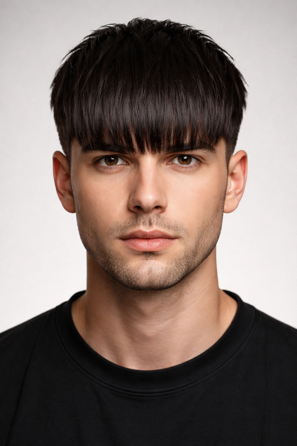 Portrait of a person with a blunt fringe across the eyebrows