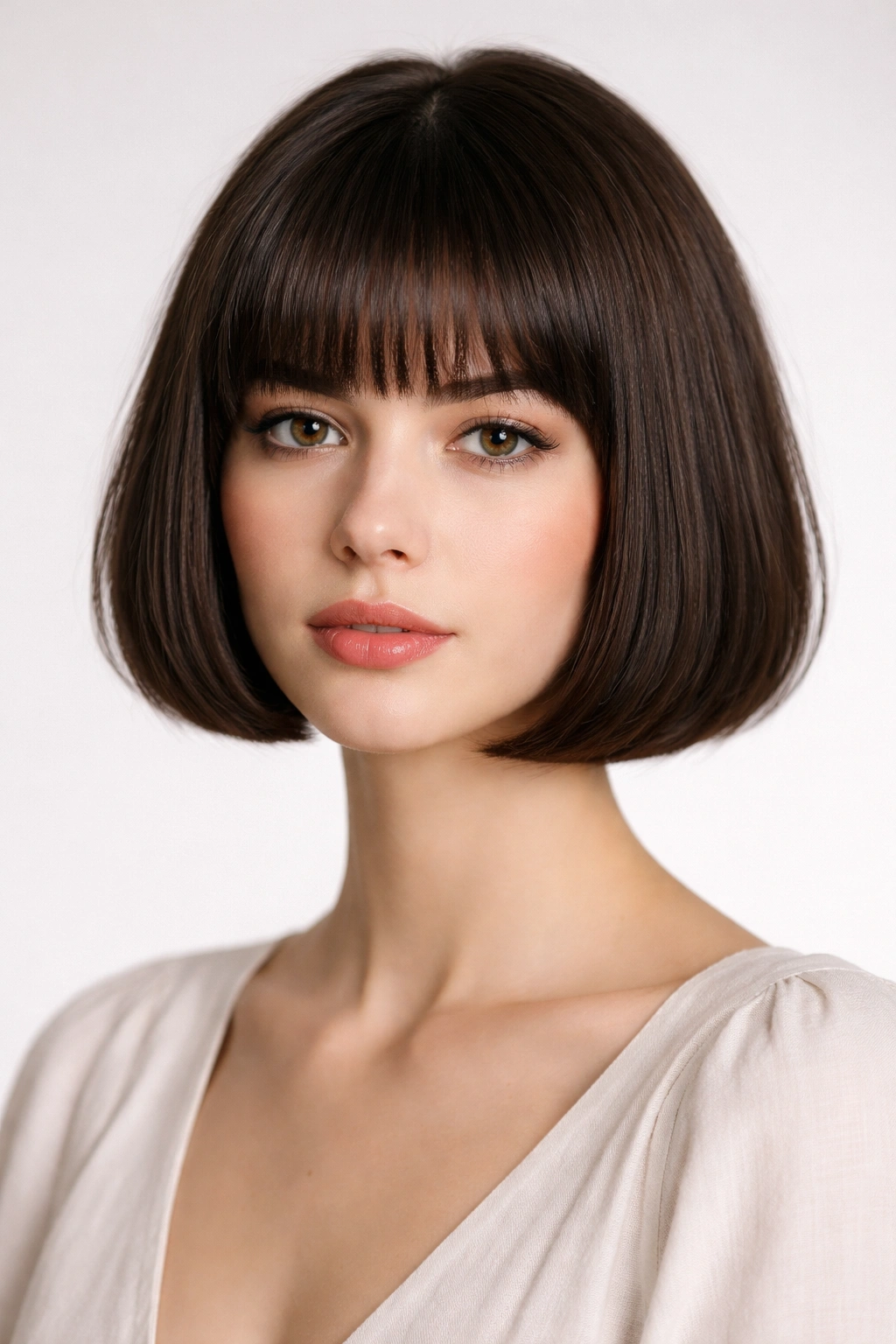 Frontal shot of a blunt French Bob with thick fringe and precise silhouette
