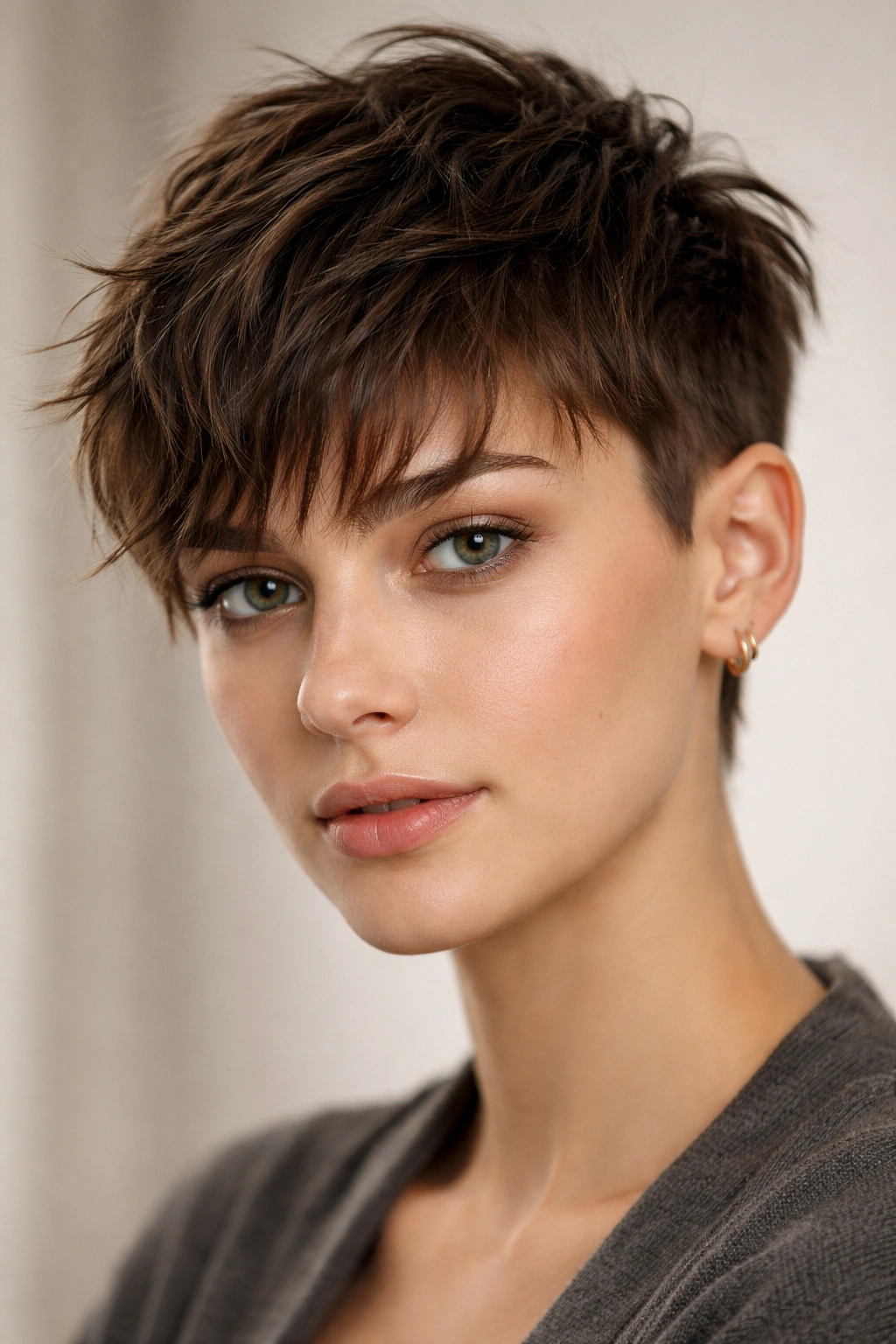 12 Short Choppy Haircuts With Natural Movement 12 Portrait showing a choppy textured fringe with short sides