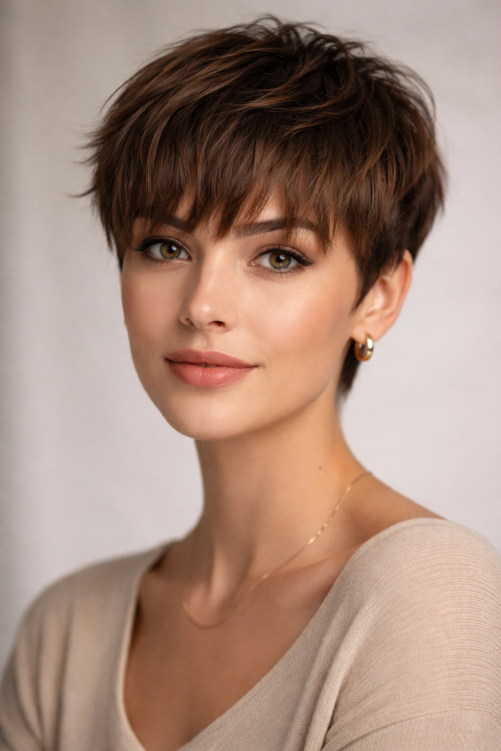Close-up of The Textured Fringe Crop with longer front fringe to eyebrows