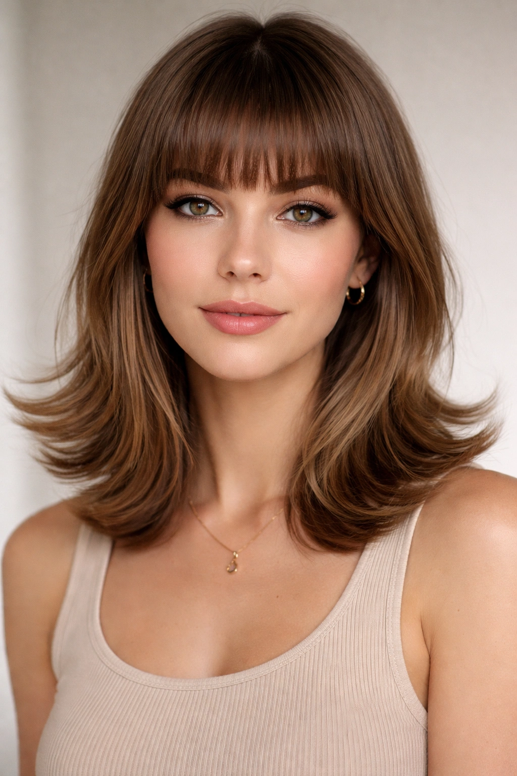 Fringe with flipped-out ends hairstyle on a model