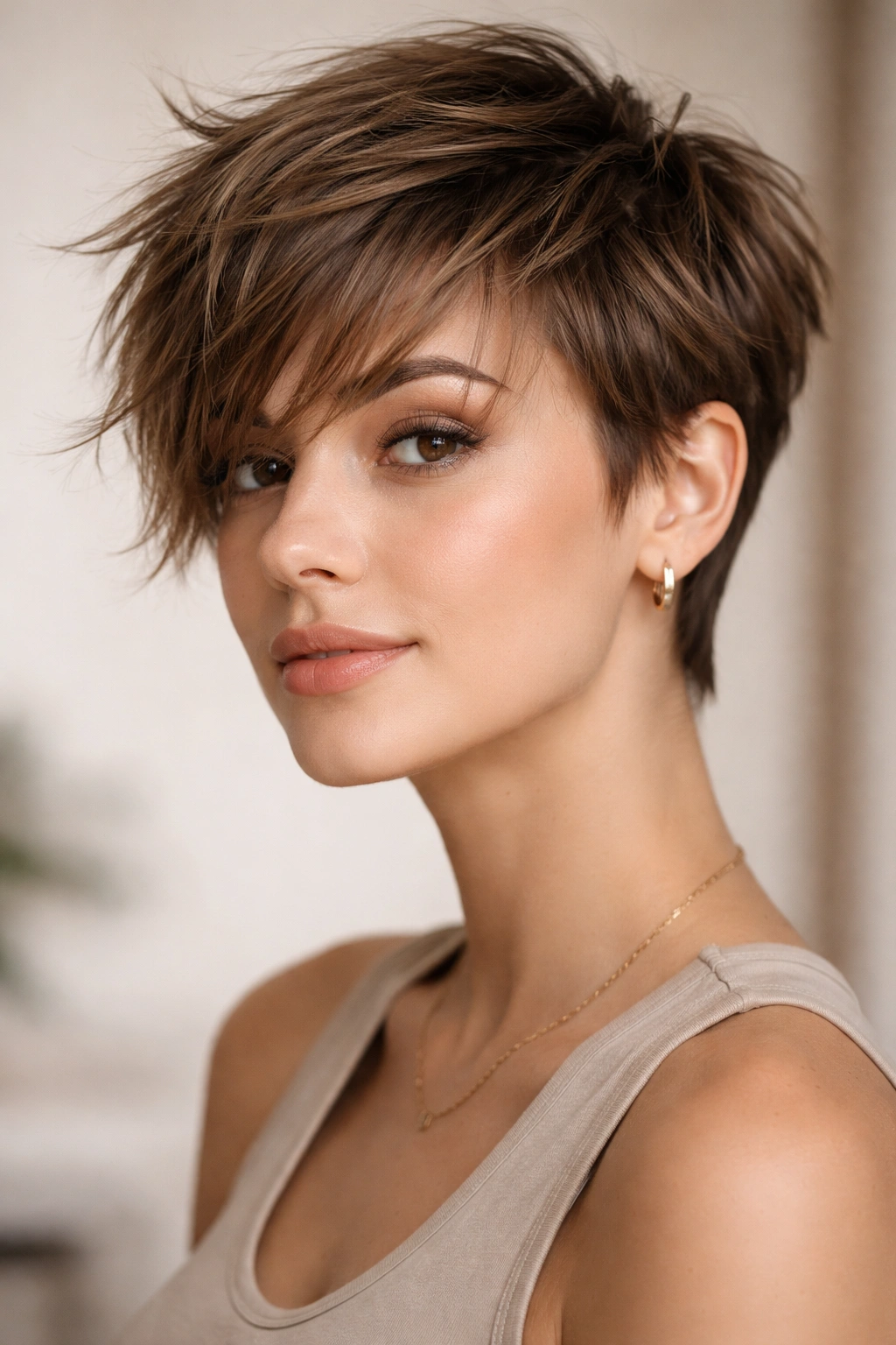 Fringe-forward pixie with long textured fringe across the forehead