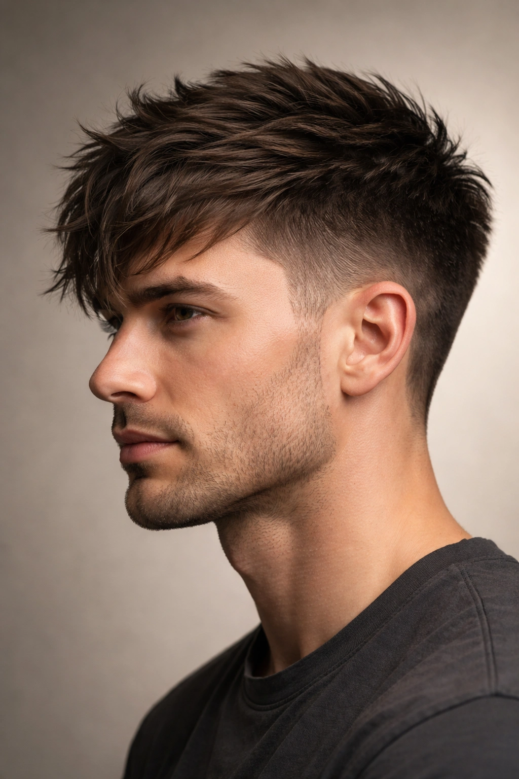 Side profile of a man with a textured fringe balancing a large forehead