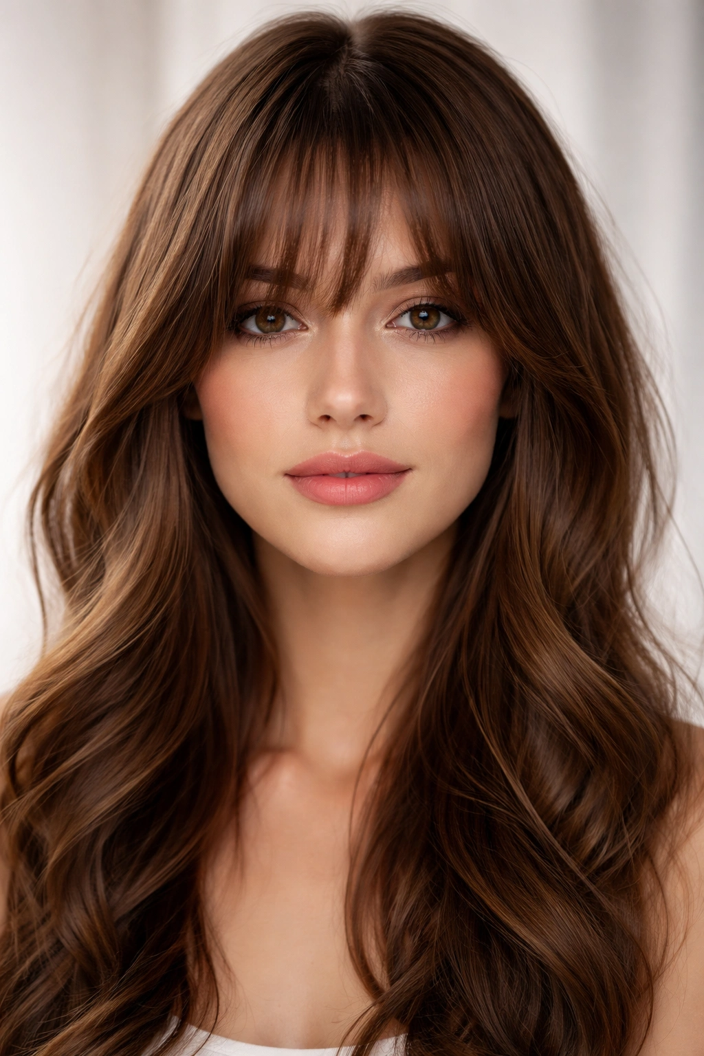 Close-up fringe hairstyle on a model with curtain bangs framing the eyes