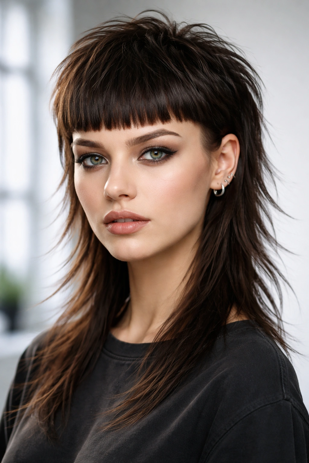 Portrait of mullet with fringe showing blunt front fringe and longer back