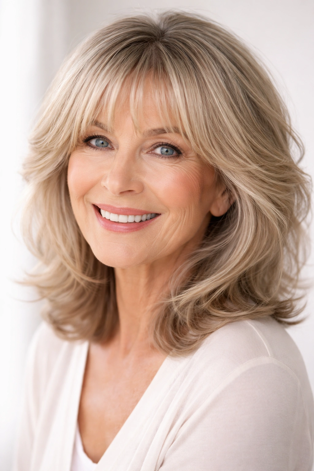 Portrait of a woman with a flattering fringe framing her face.