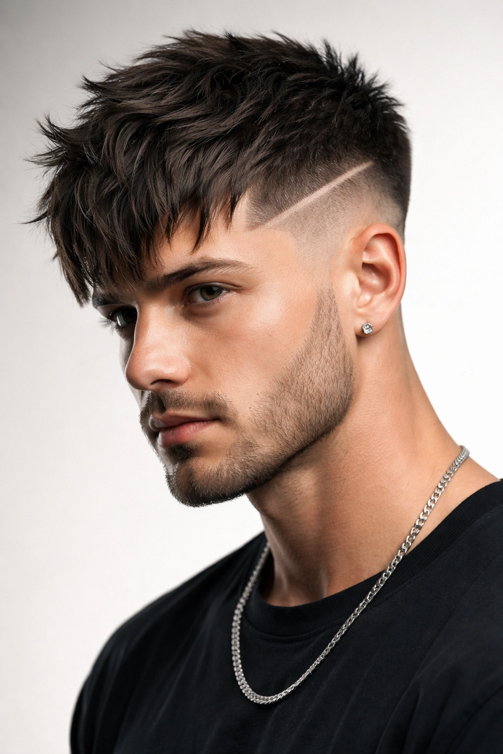 Front-quarter view of textured fringe with straight shaved line