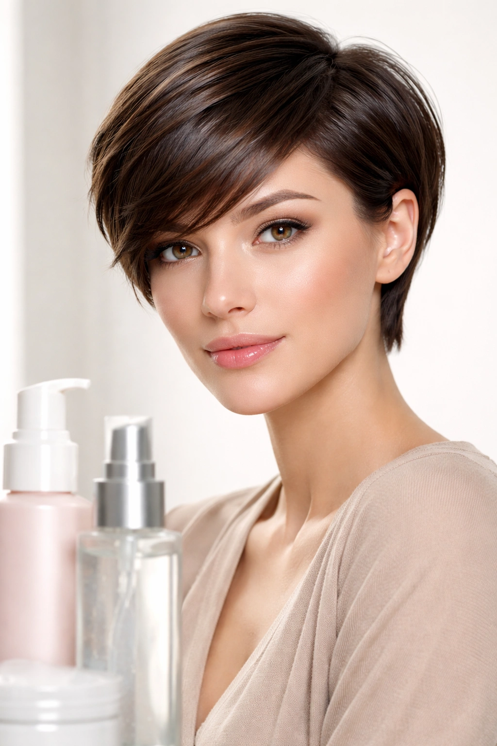 Short hair with glossy, smooth finish implying product use