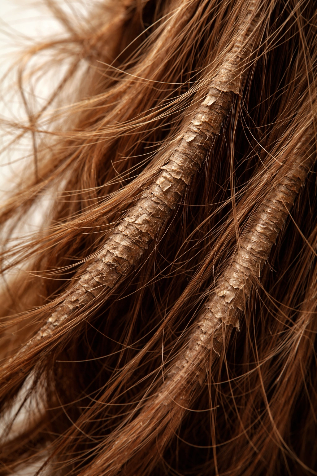 Macro close-up of frizzy hair showing lifted cuticle scales