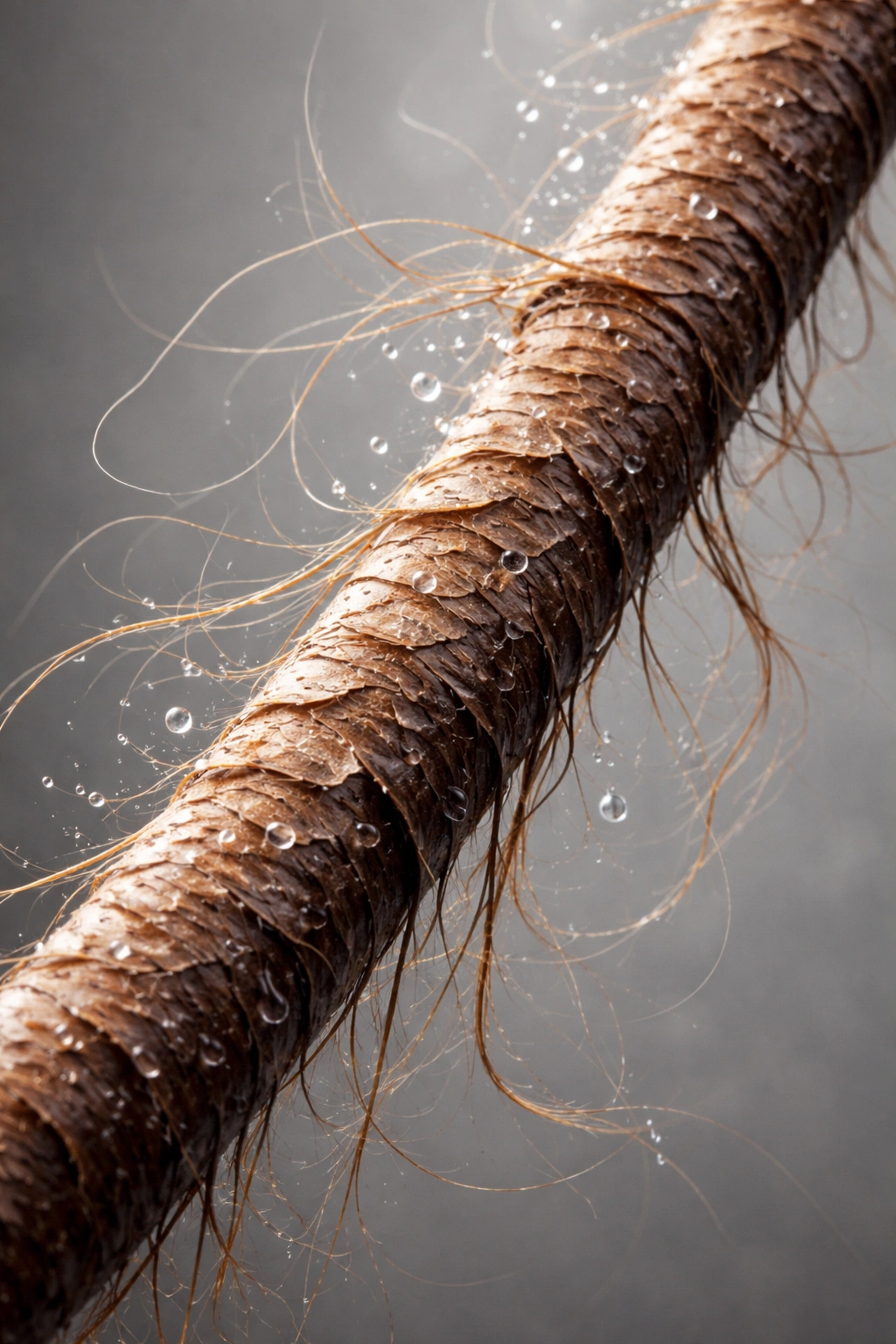 Macro close-up of a hair strand showing lifted cuticle and frizz to illustrate dry moisture loss