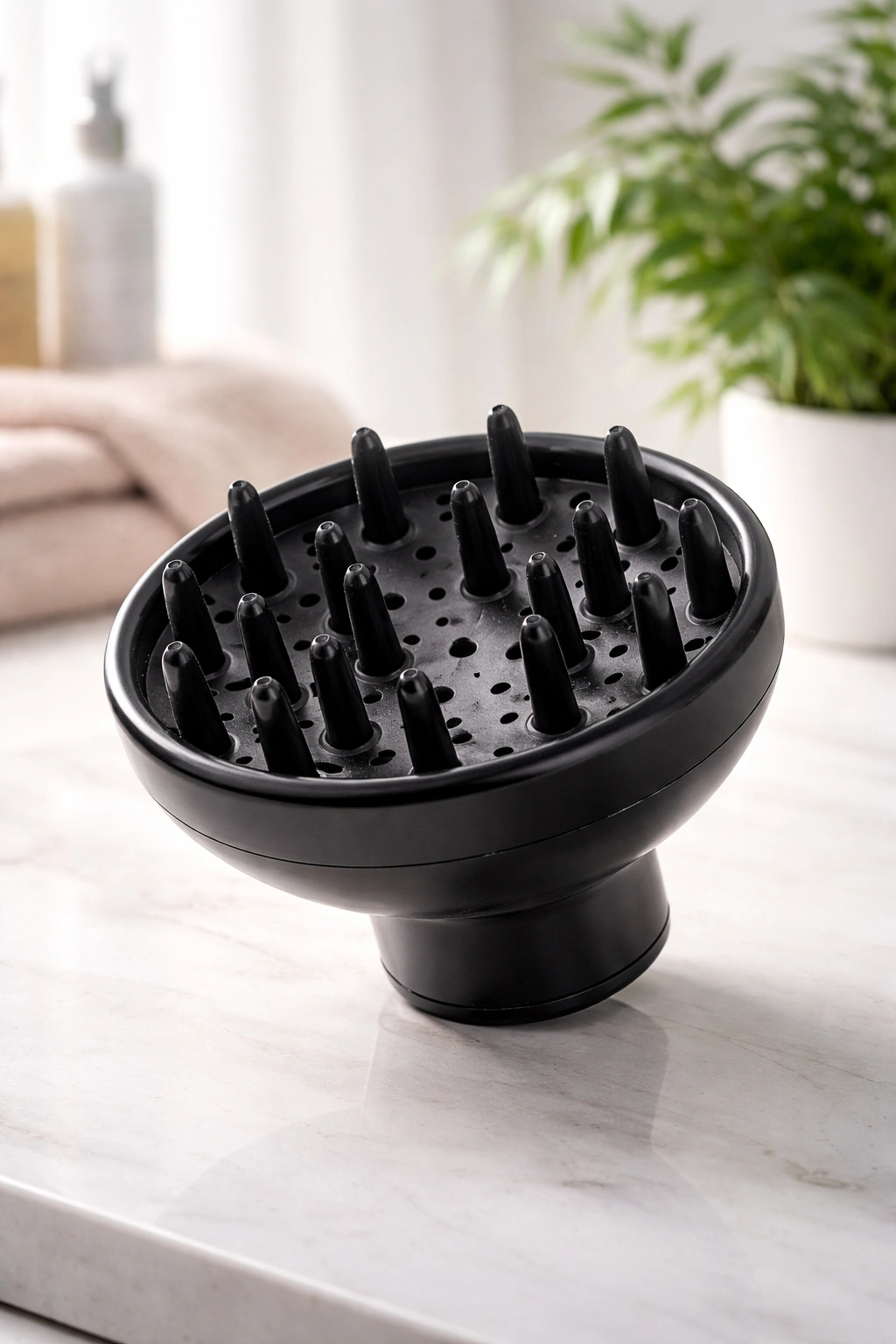 Diffuser highlighting benefits like frizz control, lift, and curl definition