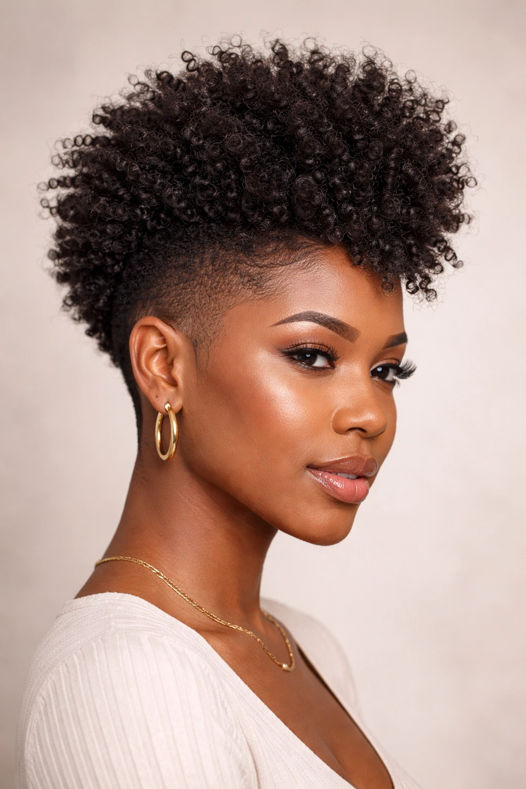 Tapered Frohawk on 4B curls with high volume top and faded sides
