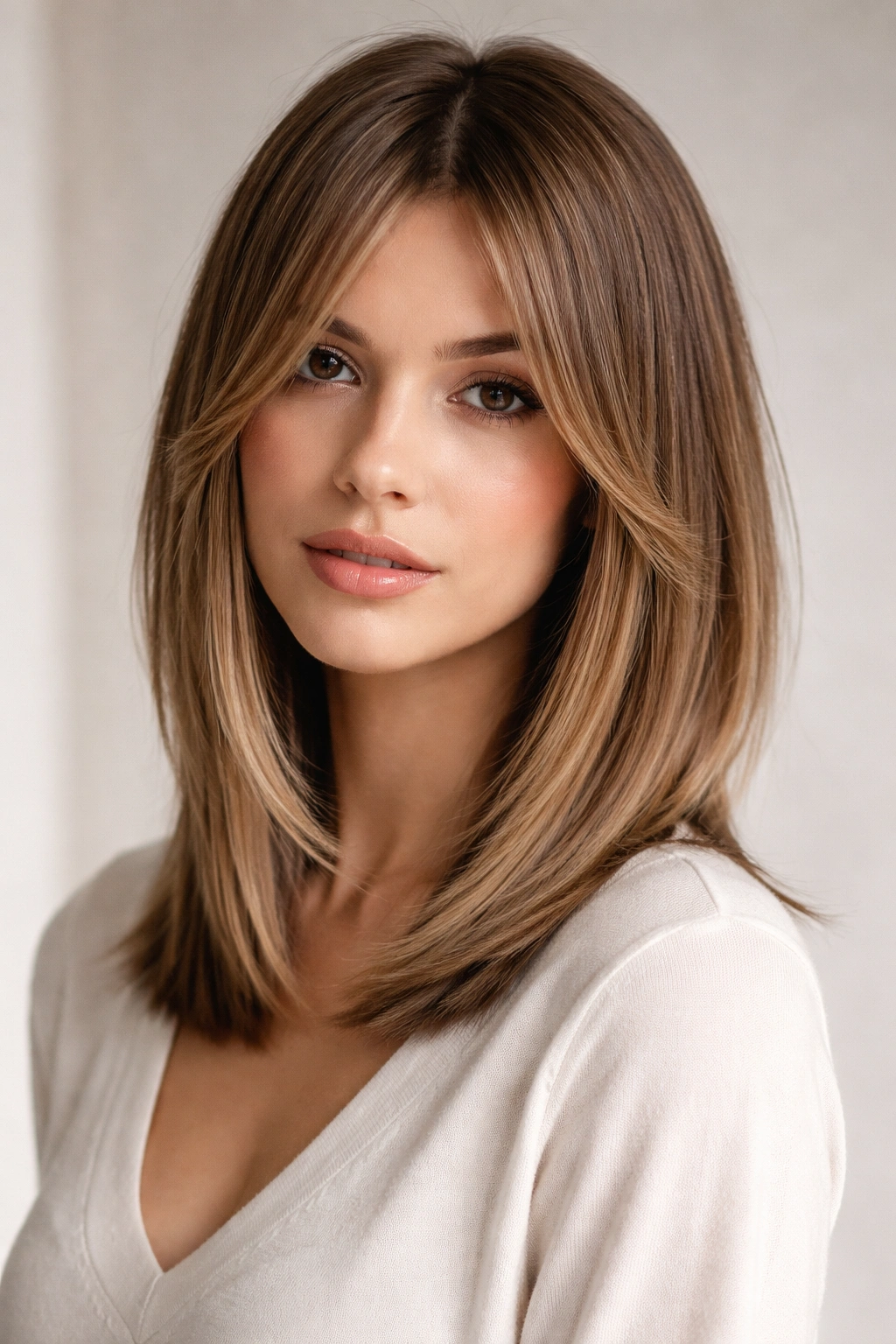 Shoulder-length hair with heavy front layers framing the face