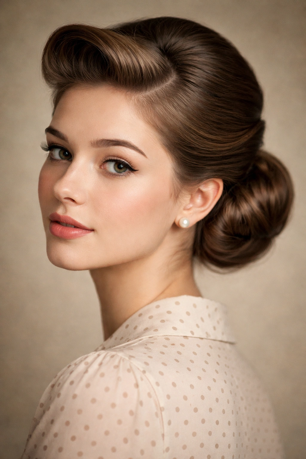 Front roll with low bun hairstyle, vintage-inspired portrait