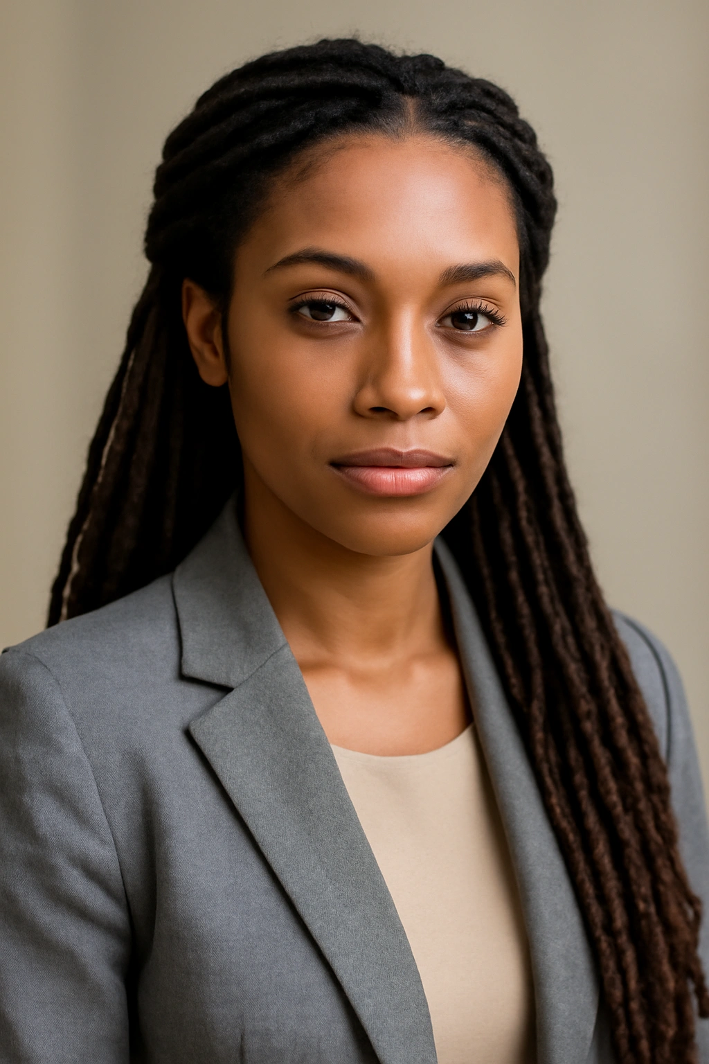15 Loc Hairstyles That Work for Both Office and Play 13 Portrait of a person with front-tucked locs framing the face in a professional setting
