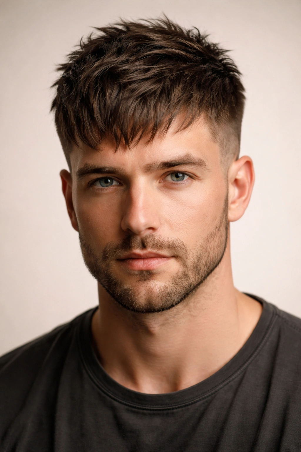 Front-facing portrait of a man with a textured crop and forward fringe