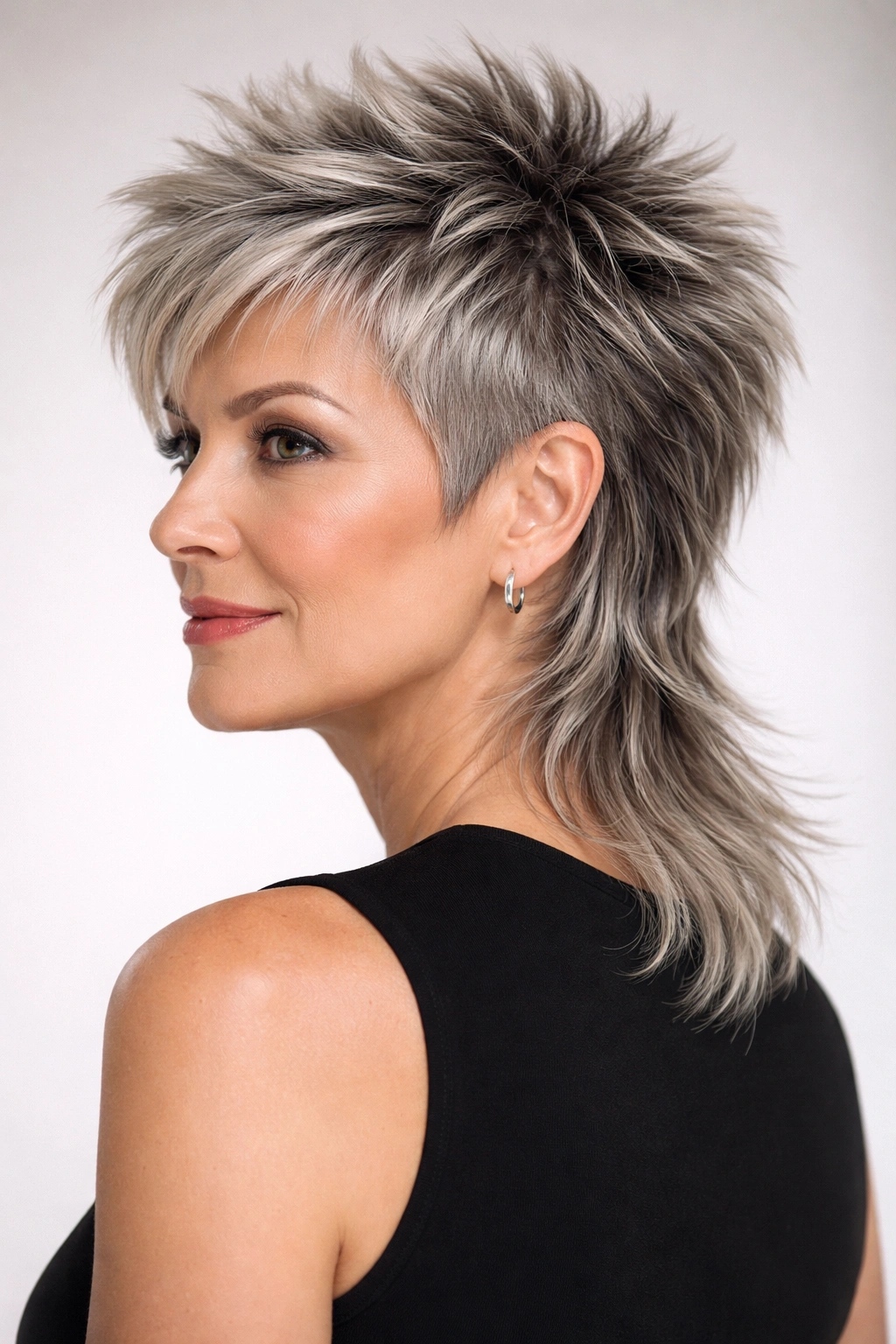 Portrait of a woman over 50 with a frosted spiky mullet