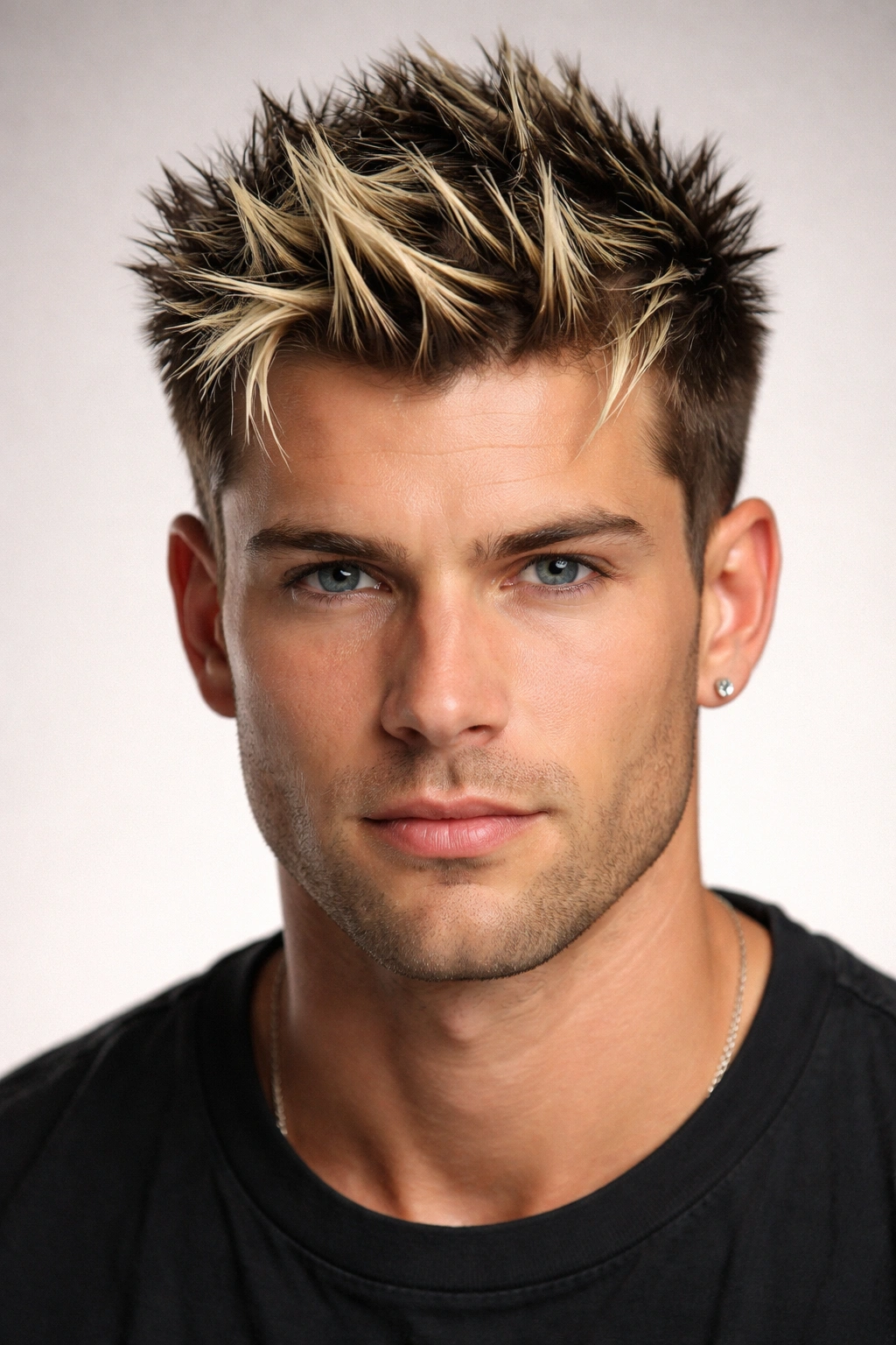 Front-facing portrait of a man with frosted tips and spiked fringe