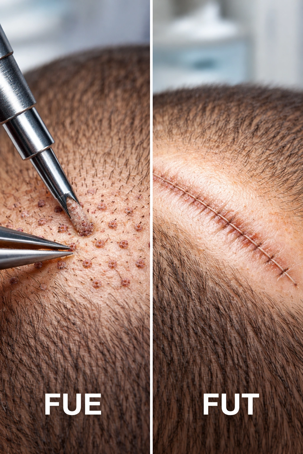 Scalp donor areas showing FUE and FUT differences without text in a clinical setting.