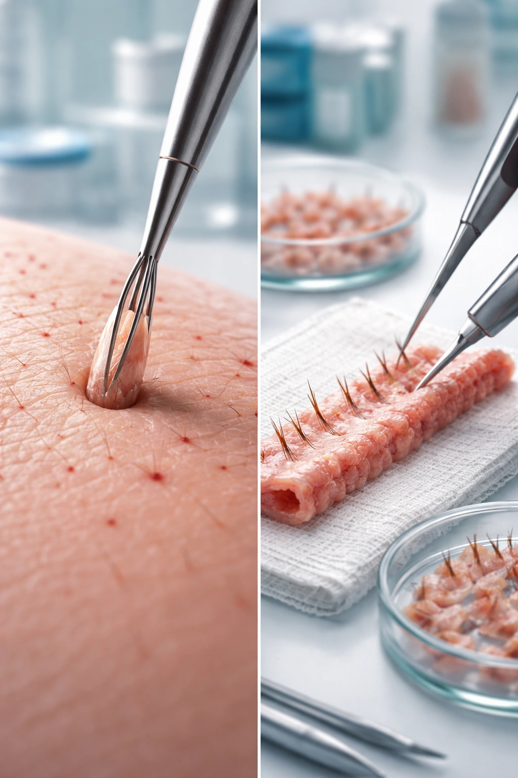 Close-up of hair graft extraction and donor strip dissection in a lab setting