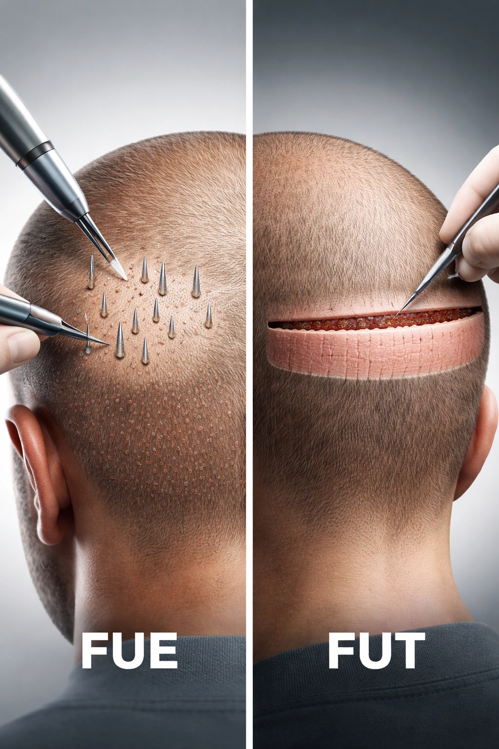 Side-by-side depiction of FUE and FUT techniques illustrating cost differences