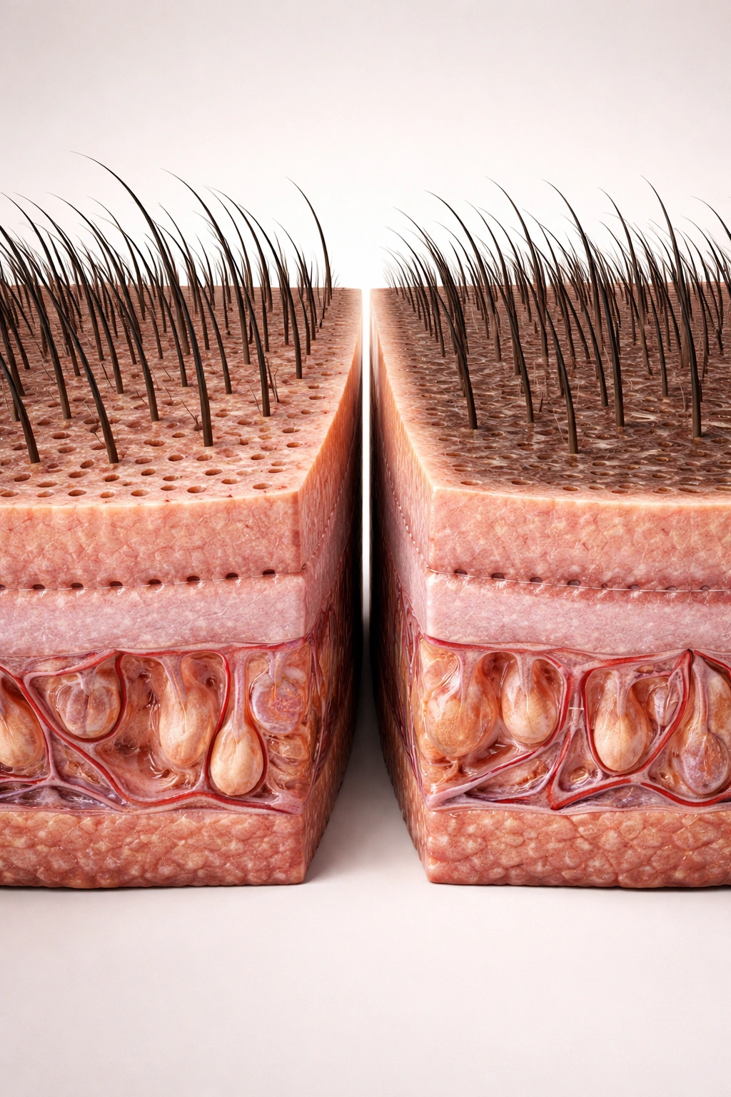 Scalp cross-section showing FUE dotted scars and FUT linear scar