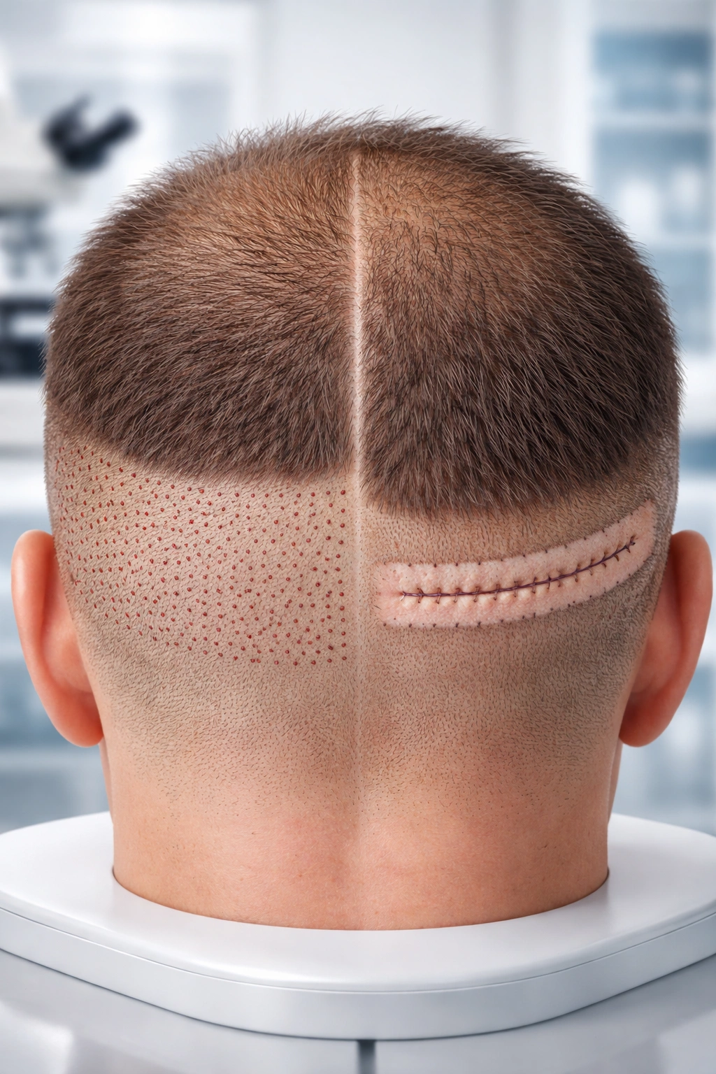 Scalp model illustrating FUE dots and FUT donor strip