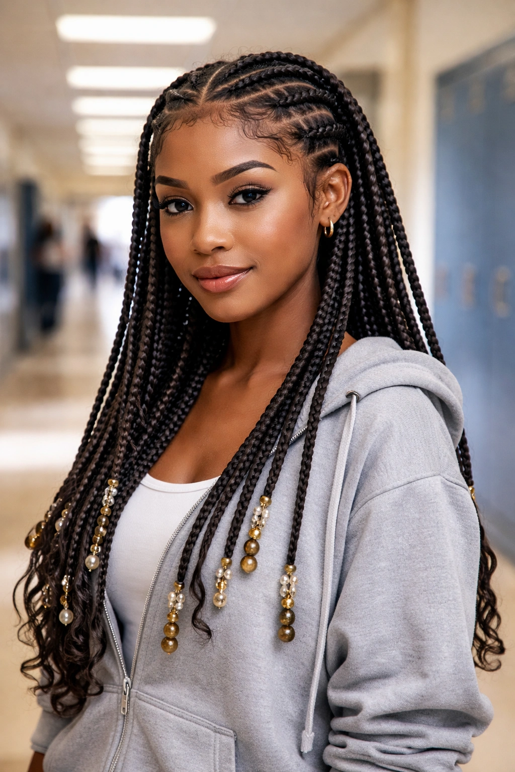 Fulani braids with center and side braids and beads in a school-ready look