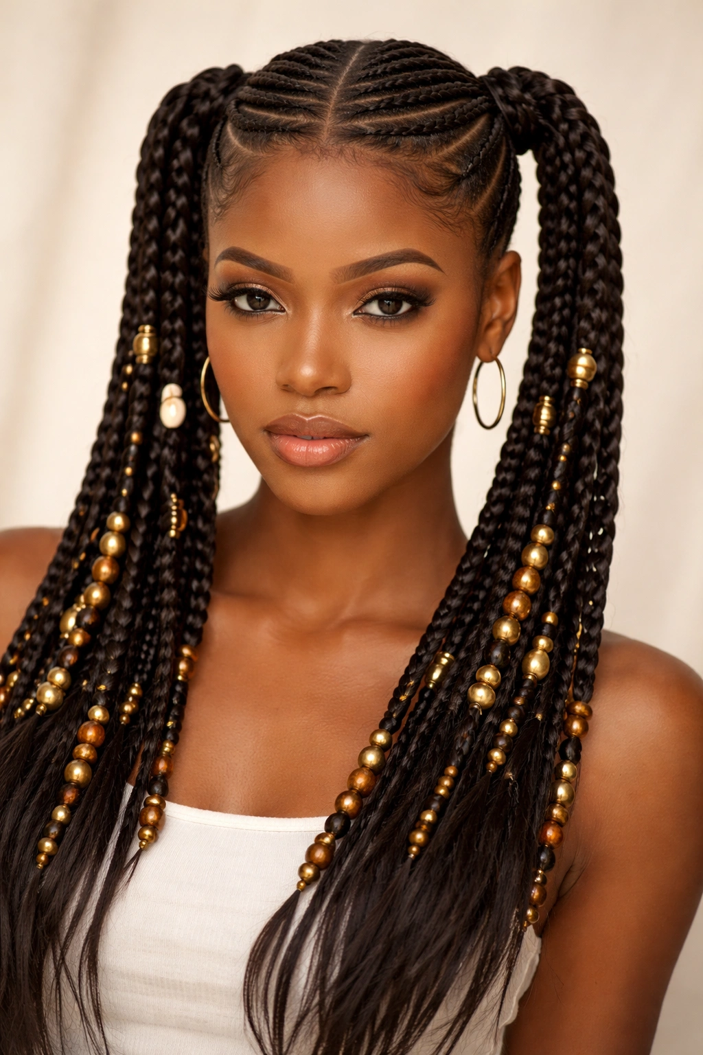 Close-up of Fulani braids pigtails with gold beads along the crown