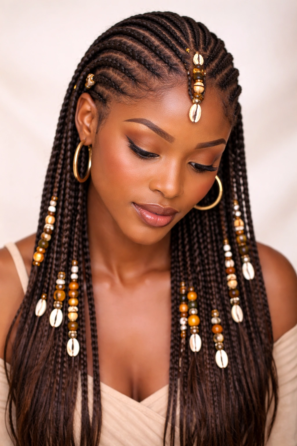 Thin Fulani braids with beads along the crown of the head.