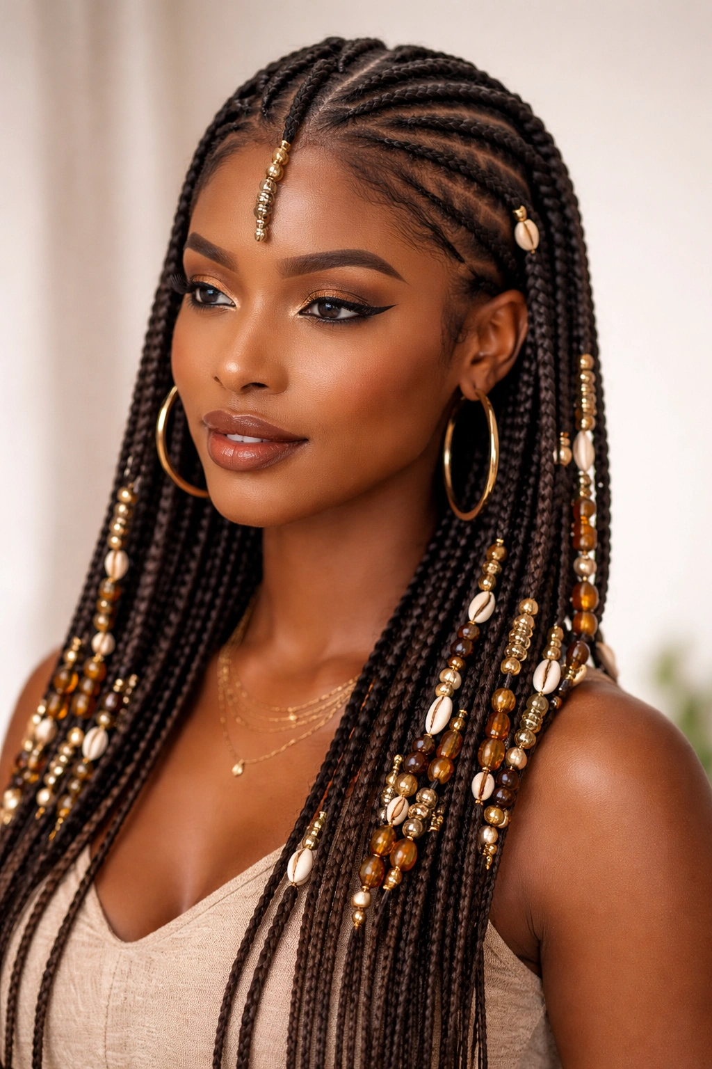Fulani braids with beads across the head, center braid thicker, beads adding sparkle