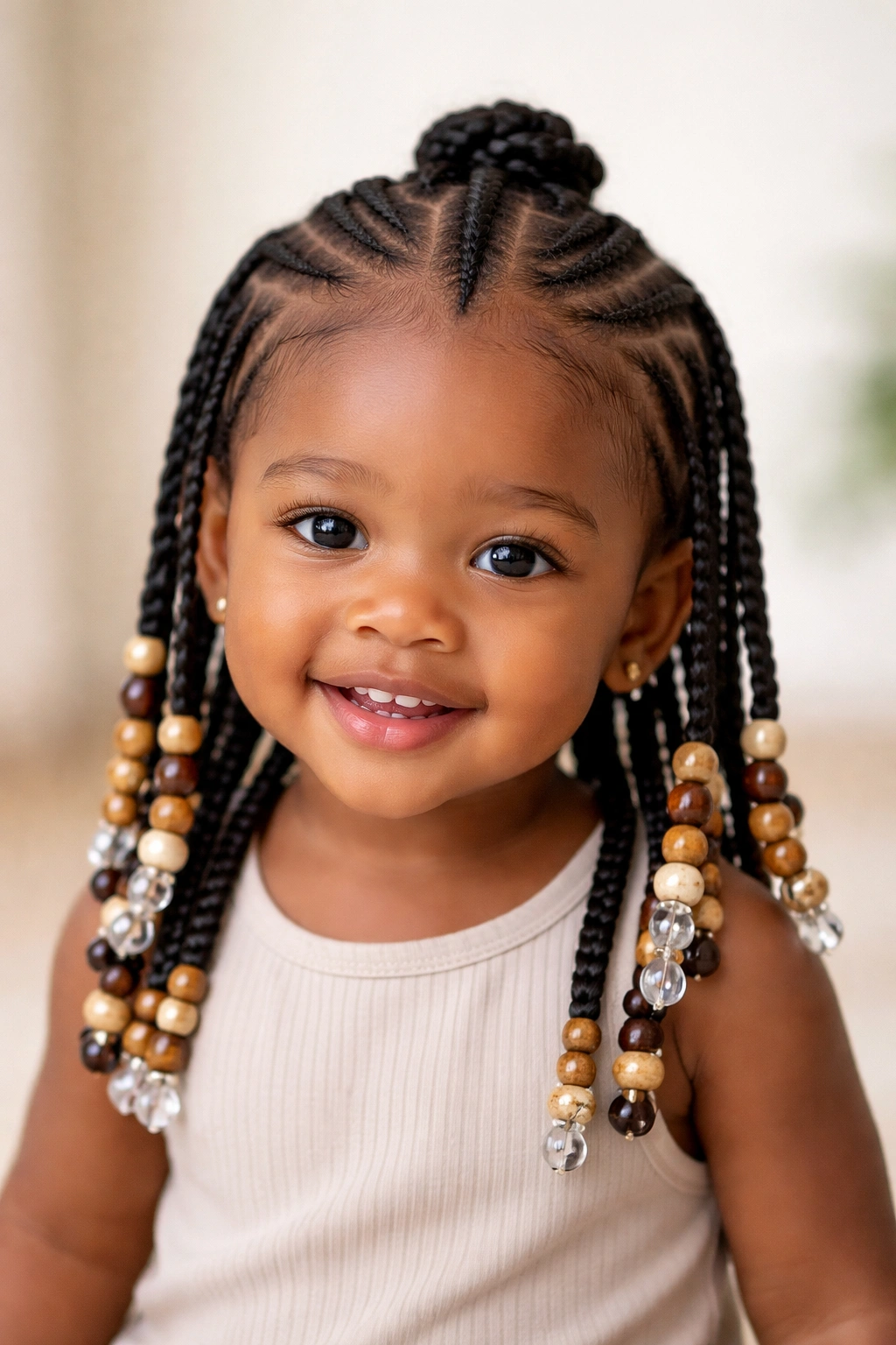 Fulani braids with a center braid and beads on a Black toddler