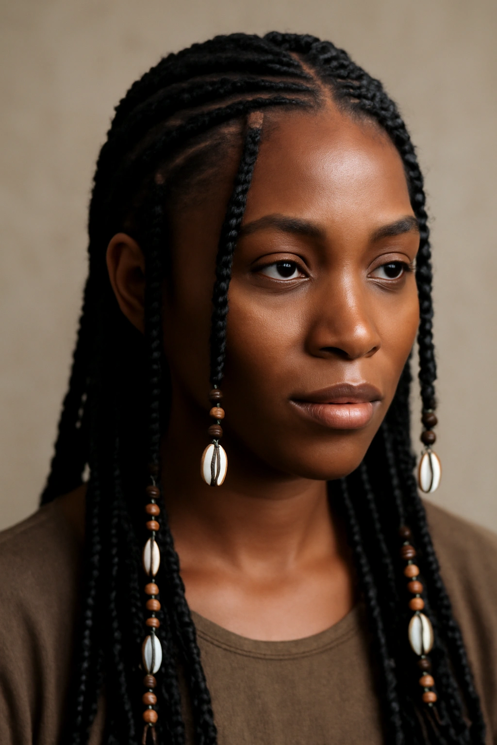 15 Natural Braid Styles Black Women Are Wearing Now 13 Close-up of Fulani braids with center vertical cornrows and decorative beads.