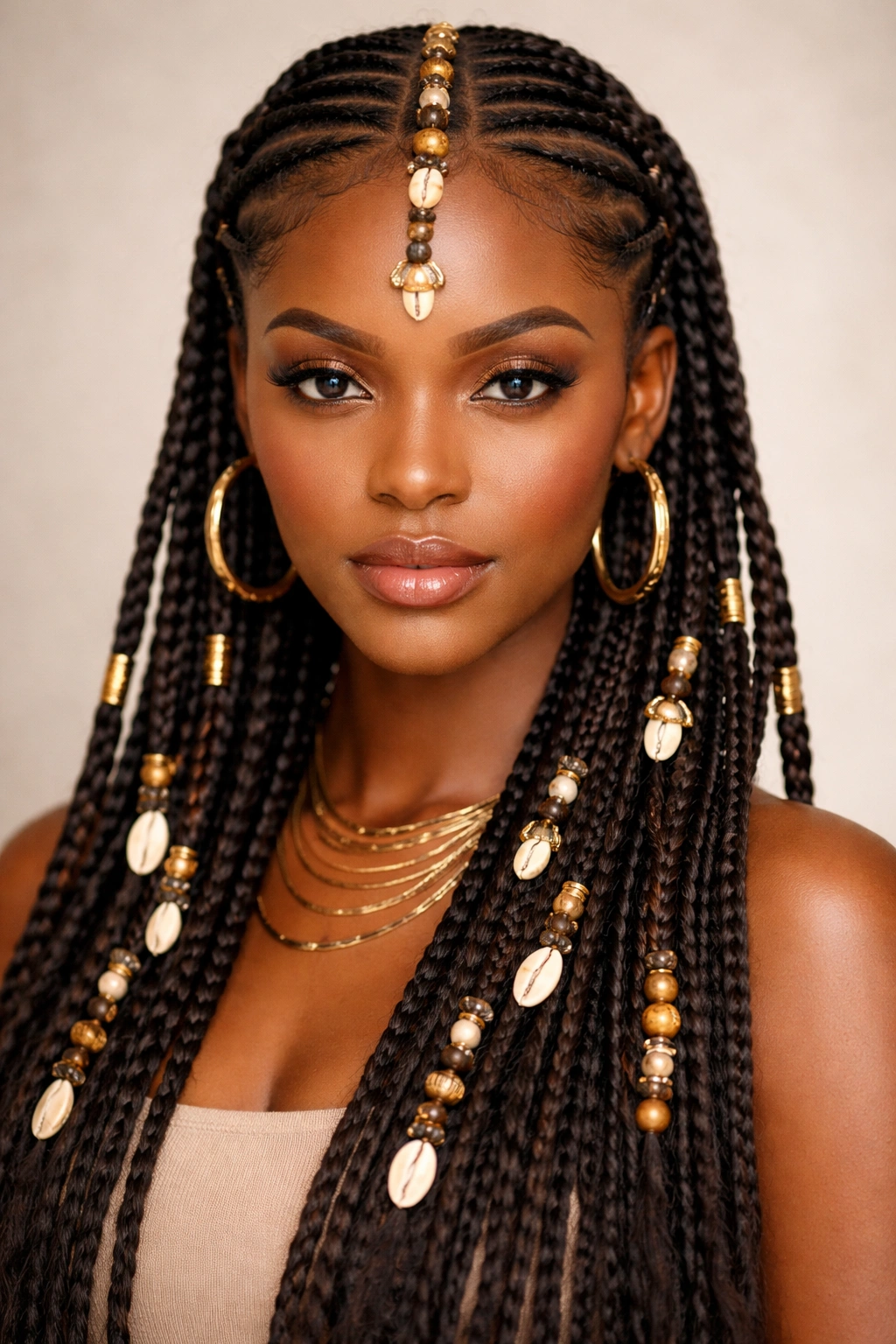 Fulani braids with center bead-decorated braid and cowrie shells, studio portrait