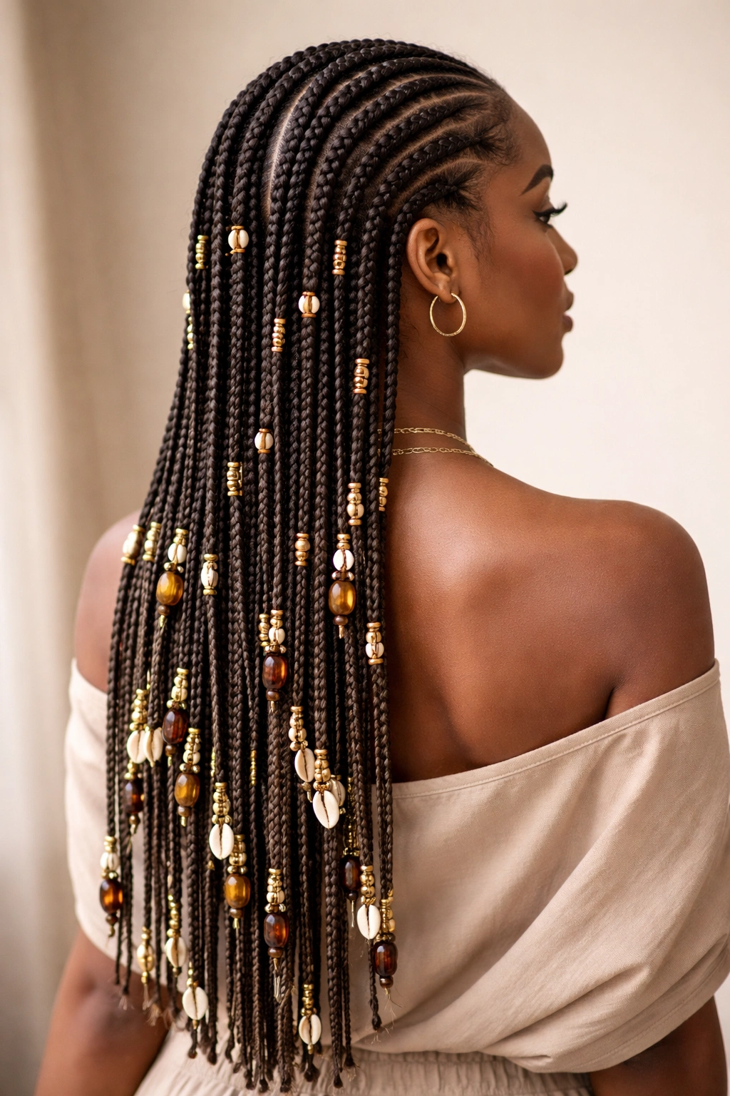 Back view of Fulani braids with beads and gold cuffs