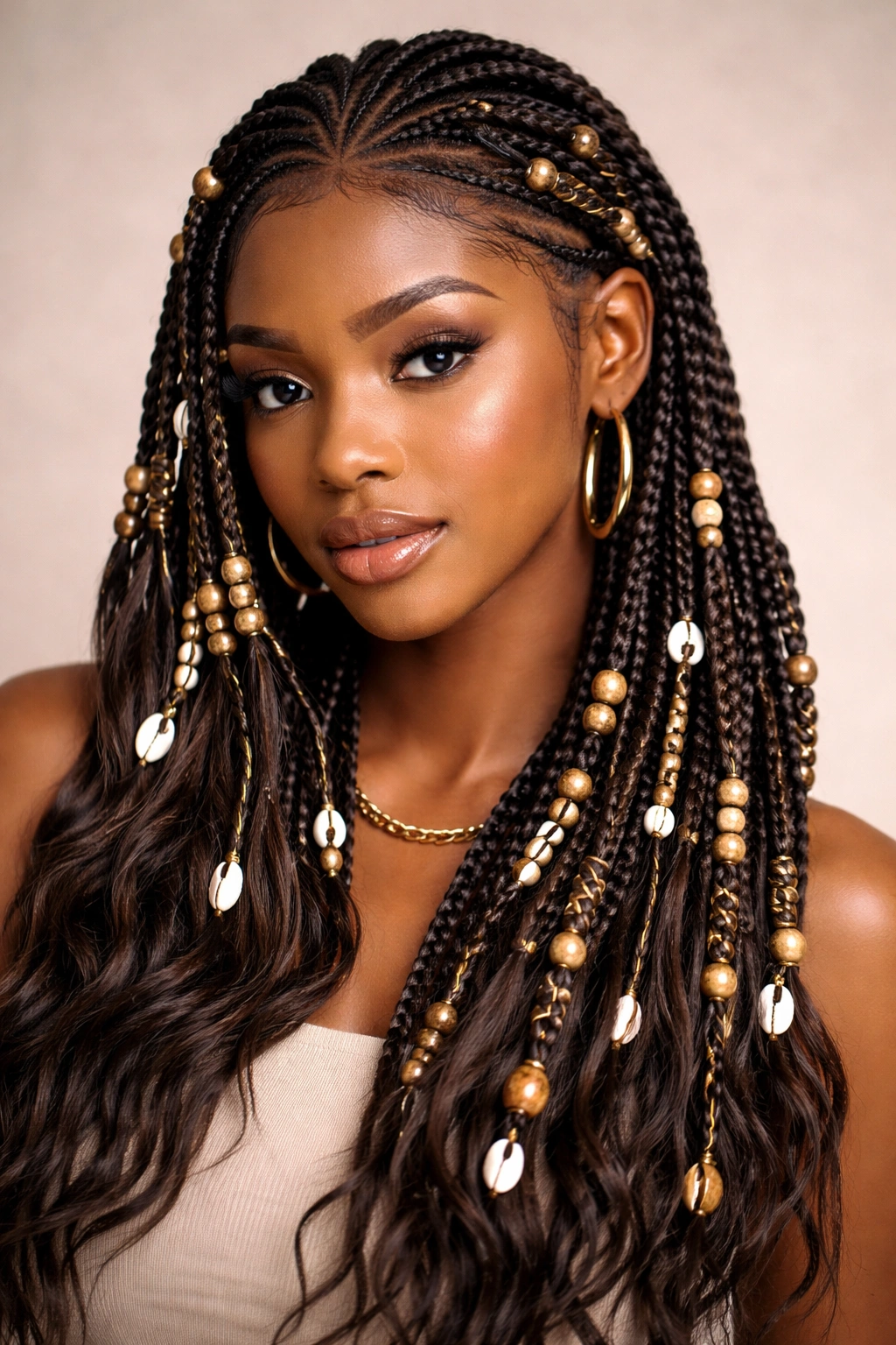 Close-up of Fulani braids with center part, beads, shells and thread accents