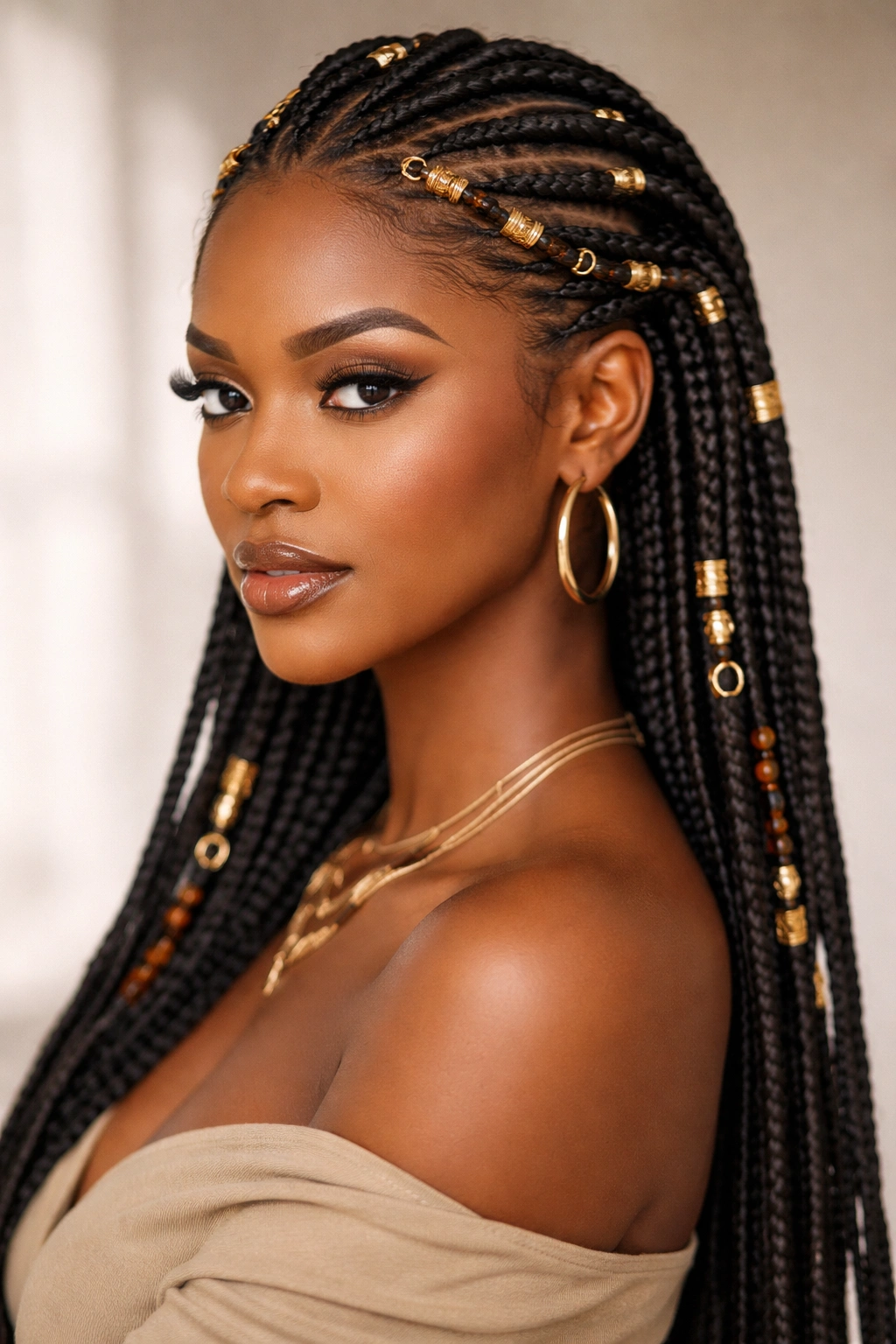 Fulani braids with gold cuffs and beads around the crown on a model