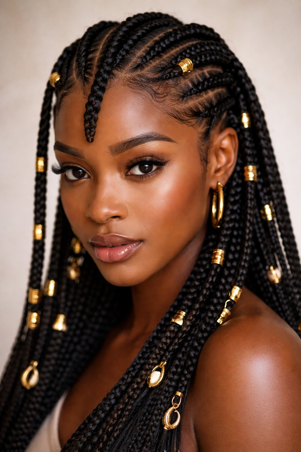 Close-up of Fulani braids with gold cuffs on a Black woman's head