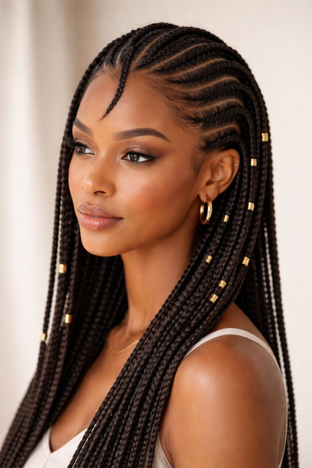 15 Protective Styles That Still Look Put Together 5 Close-up of Fulani braids with a curved center braid and gold cuffs