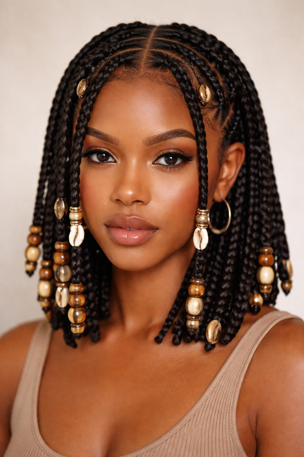 Fulani-inspired box braids with front detailing and beads on short hair