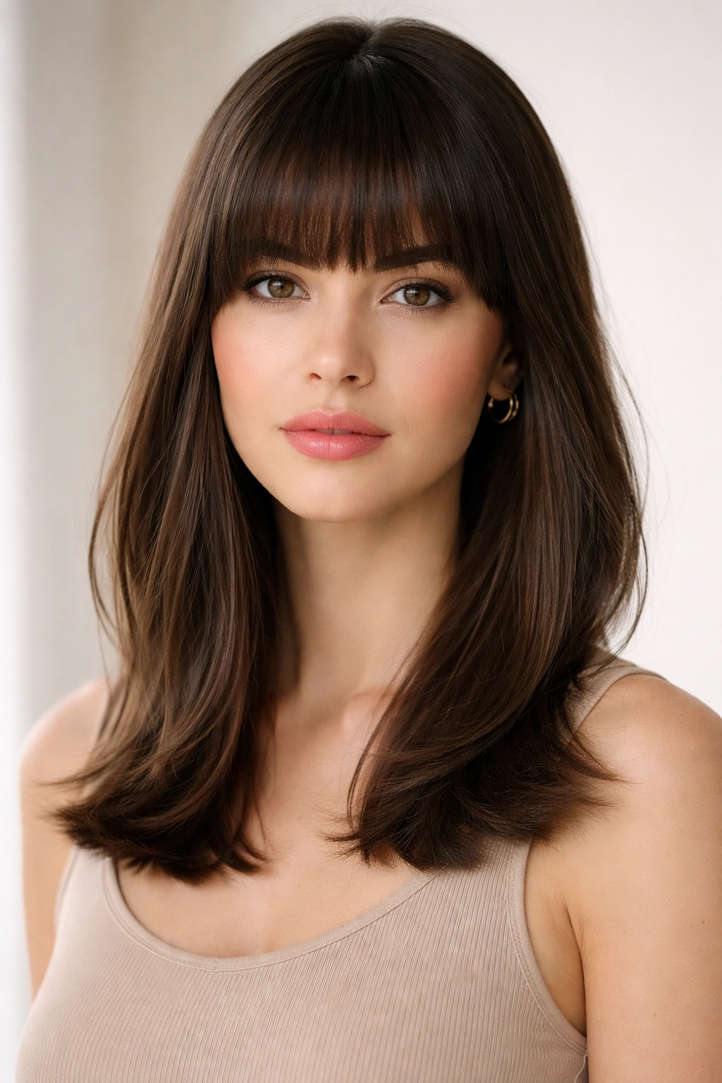 15 Hairstyles That Beautifully Flatter Long Faces 2 Blunt full bangs with shoulder-length haircut framing the forehead