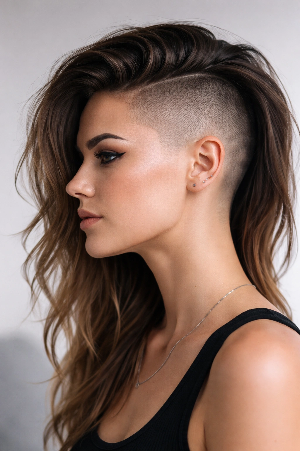 Profile view of a full side shave undercut showing shaved side and long top